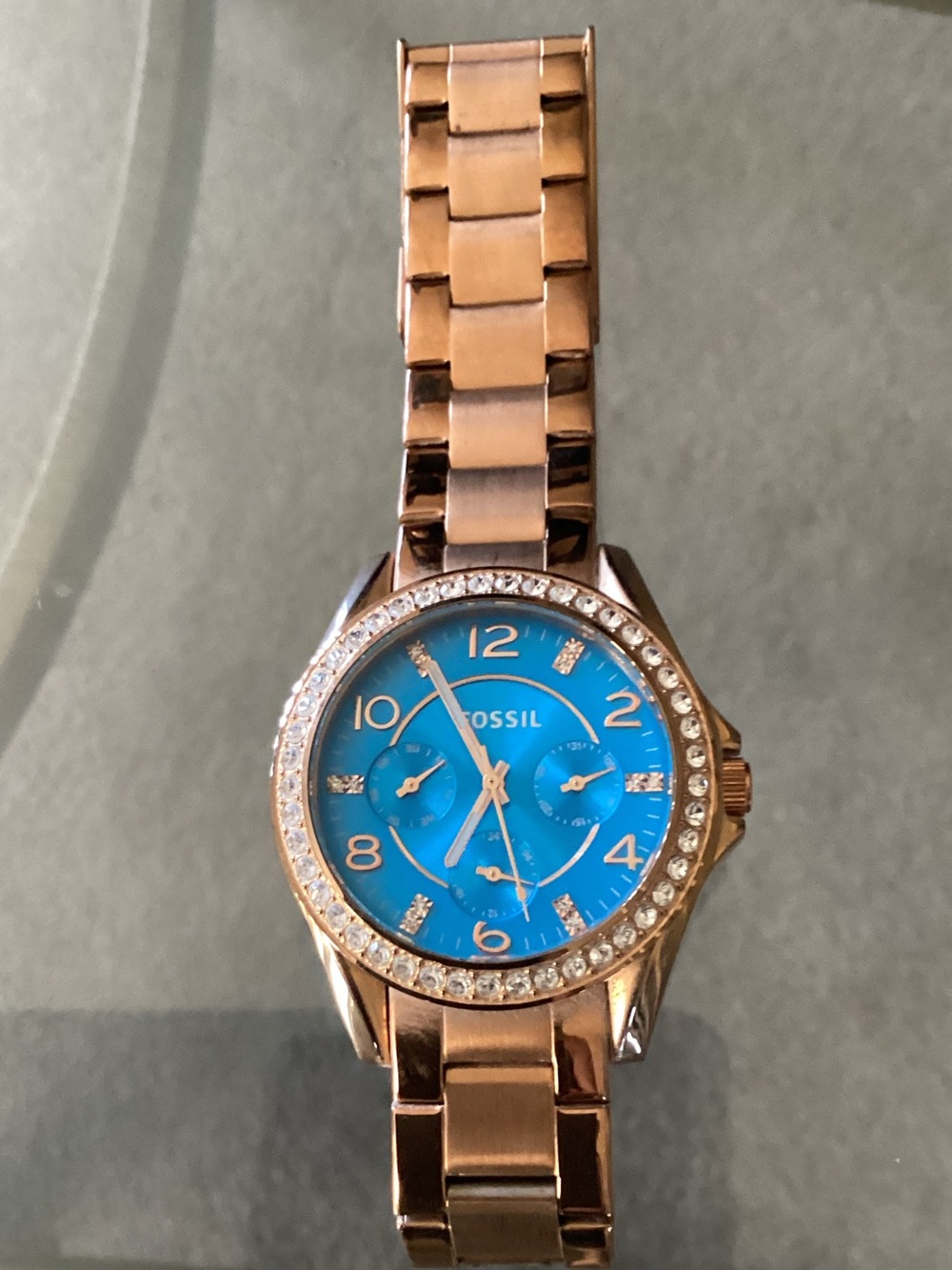 Fossil Rose Gold Watch with Bright Blue Dial